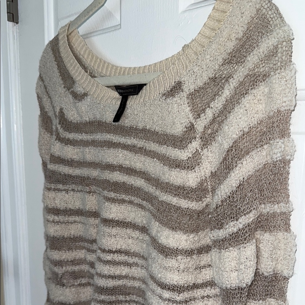 BCBGMaxAzria Cream and Brown Crew Neck Sweater with Soft Knit